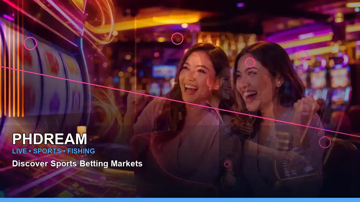 PHDREAM slot-game scene featuring an adult Filipina casino host in a neon-inspired setting