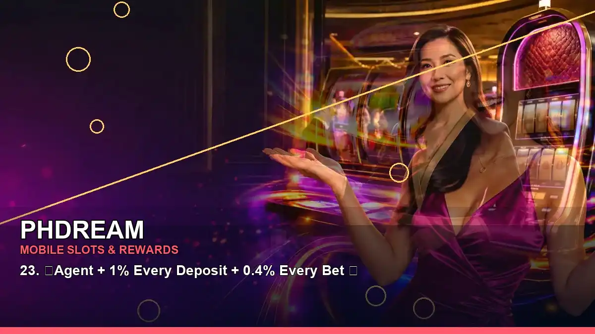 Adult Filipina casino host presenting PHDREAM VIP rewards in a dynamic wide-angle scene