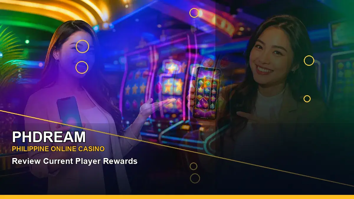 PHDREAM lucky reels and online slot games featuring an adult Filipina casino host in a close-up layout